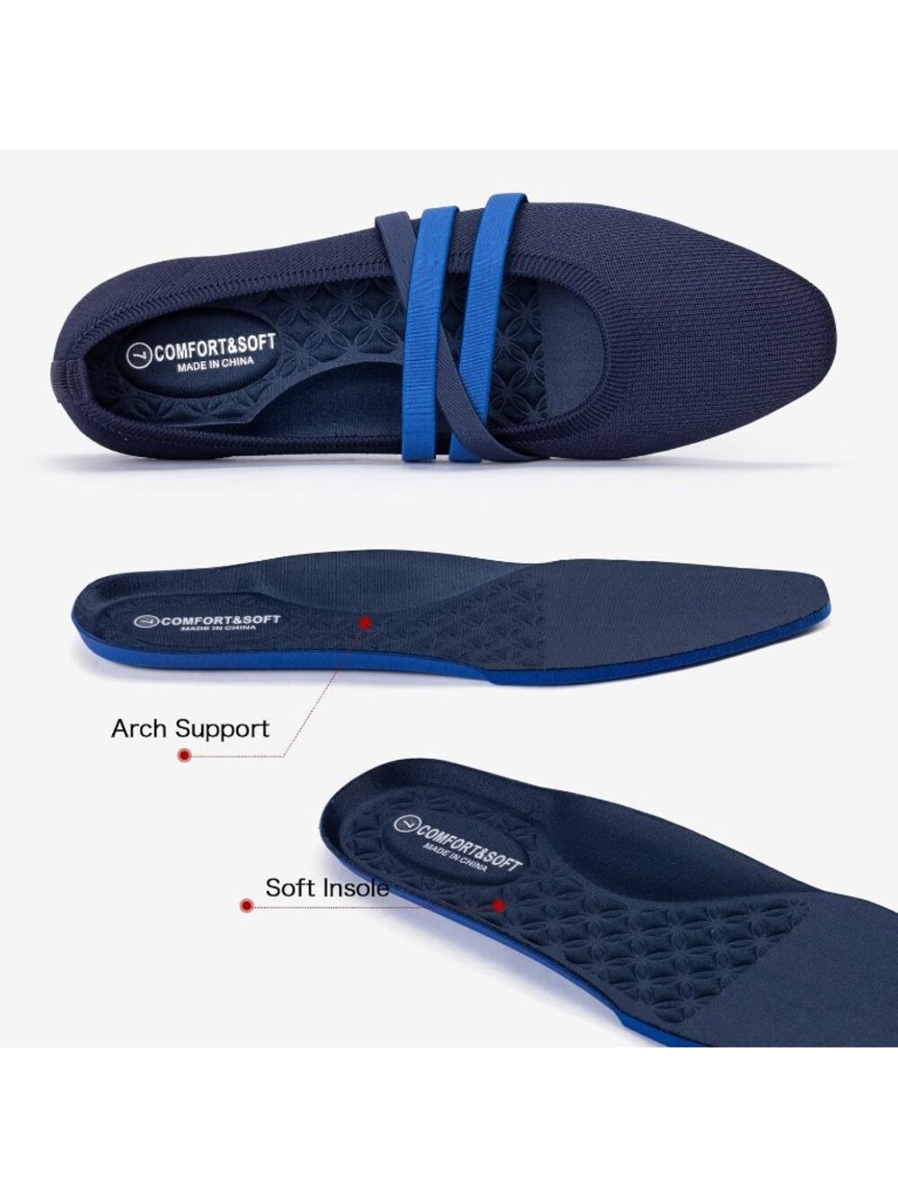 Women's Blue Knit Square Toe Ballet Flats Mary Jane Slip On Causal Shoes - Picture 2 of 7
